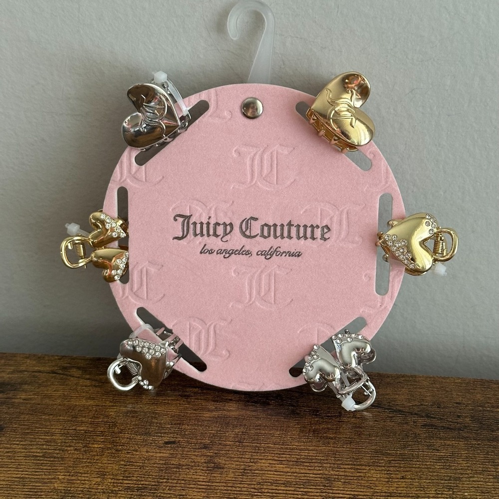 New Juicy Couture 6 Pck Mini Hair Claw Clips Gold Silver Heart Rhinestone Cute